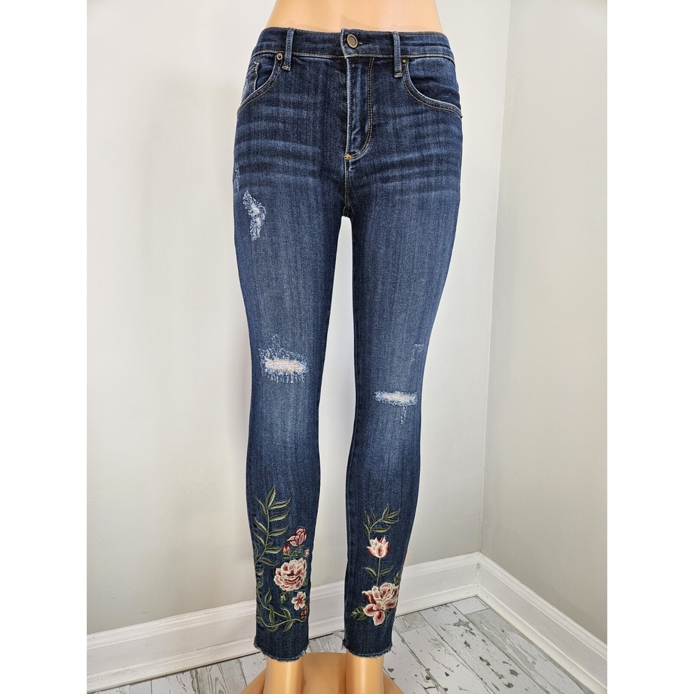 Driftwood Women's 26 Skinny Jeans Floral Embroidered Distressed Dark Blue